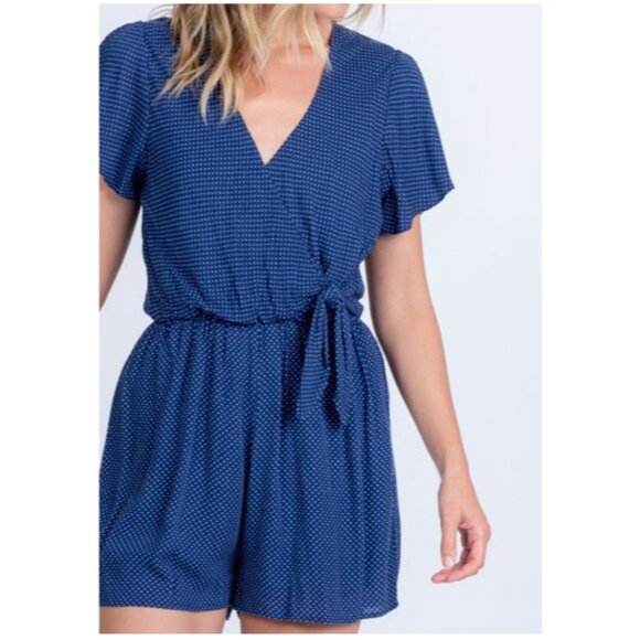 Everly Navy blue polka dot Golden Days Surplice V-neck side knot Romper size L - Picture 1 of 16